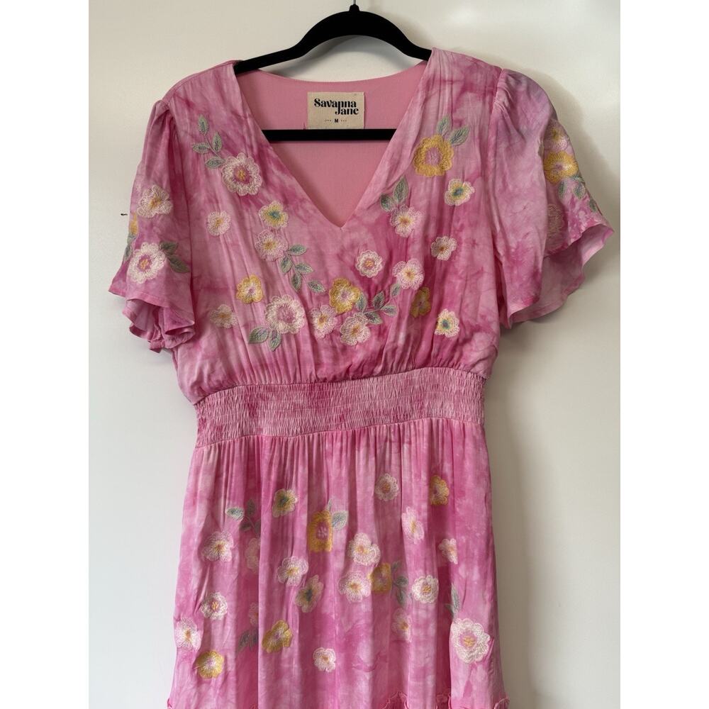 Savanna Jane M Pink Tie Dye Floral Embroidery Maxi Dress Lined V Neck - Picture 3 of 10